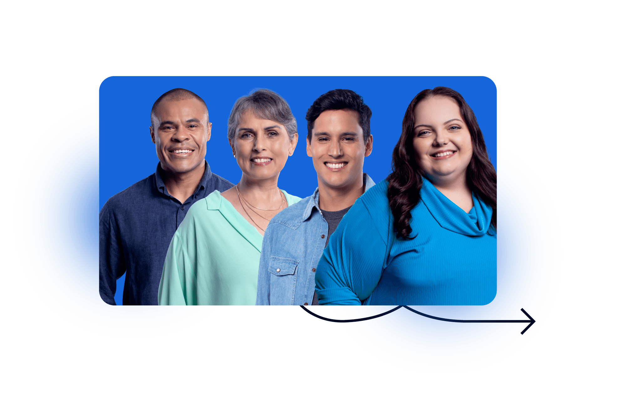 Imagem de quatro pessoas diversas sorrindo em um fundo azul