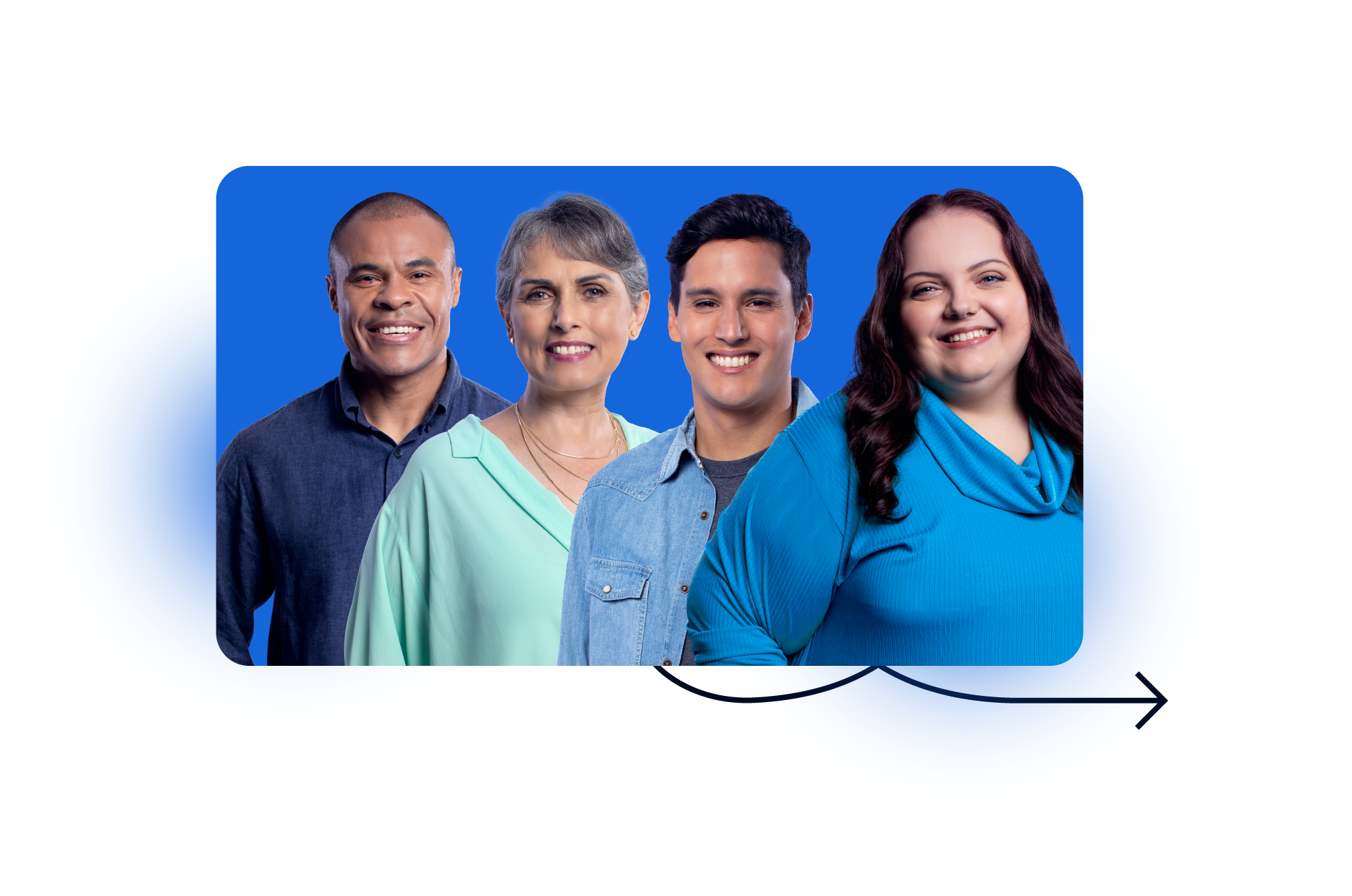 Imagem de quatro pessoas diversas sorrindo em um fundo azul
